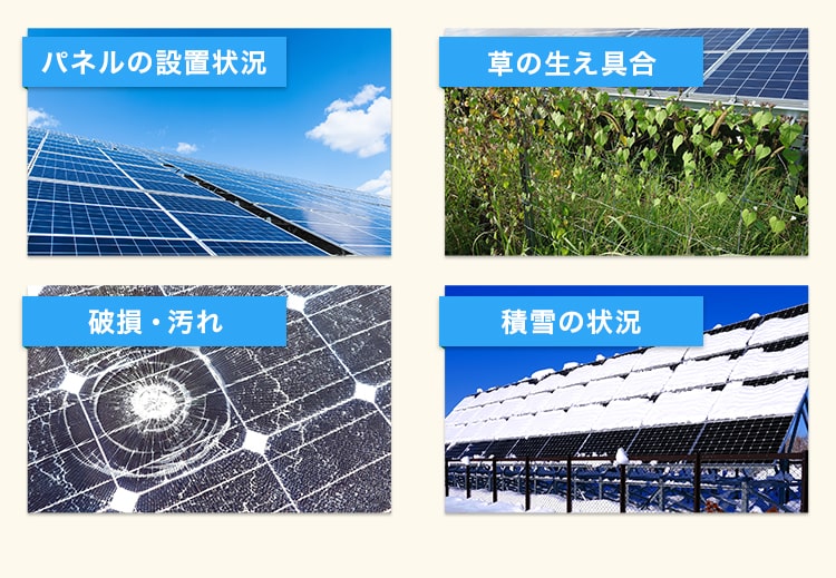 パネルの設置状況　草の生え具合　破損・汚れ　積雪の状況